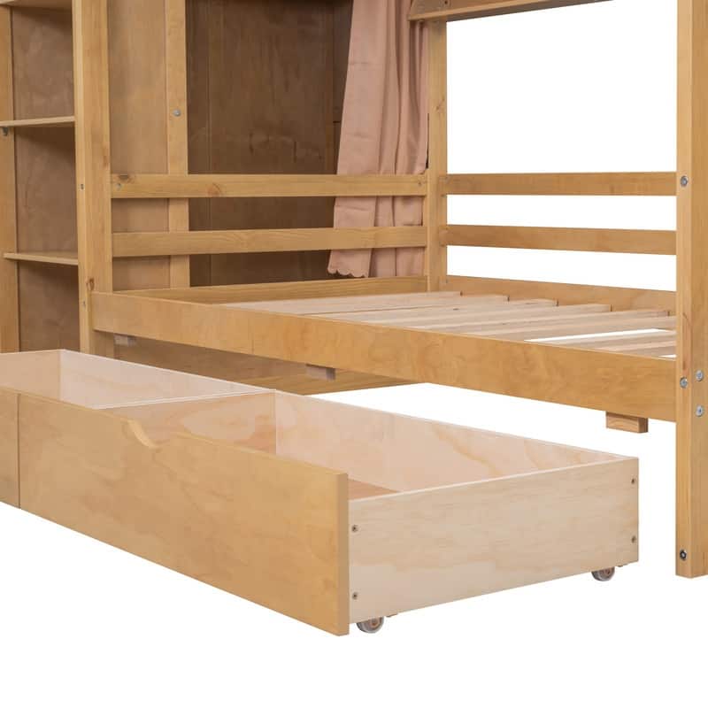 Twin Size Wood House Bed with Two Drawers,Shlves and Small Wardrobe