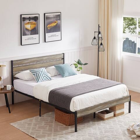 VECELO Industrial Wood Bed Frame with Headboard, Twin/Full/Queen Size Platform Beds, 3 Color Options