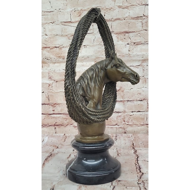 Bronze Horse Head With Braided Lo Sculpture On Marble Base