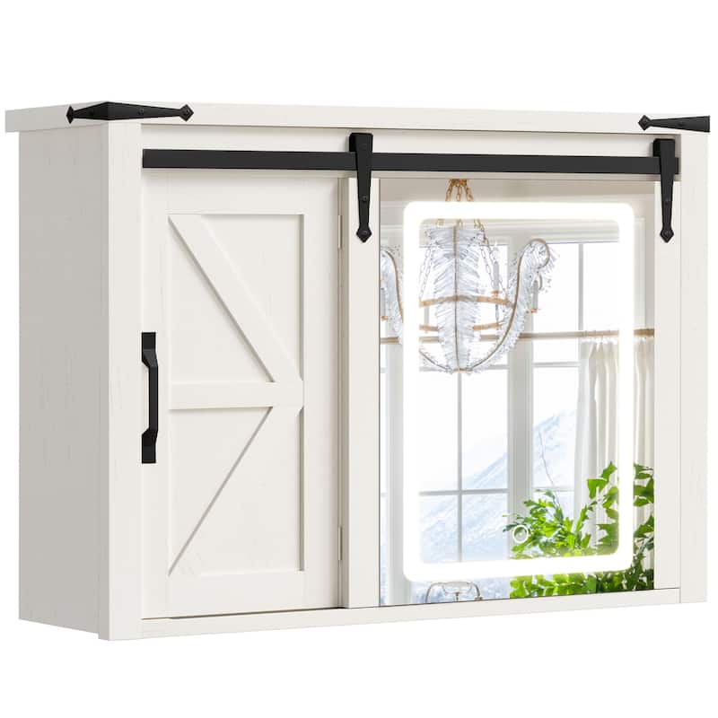 Moasis Bathroom Medicine Cabinet Wall Mounted Storage Organizer with Mirror and Sliding Barn Door - 31" - White