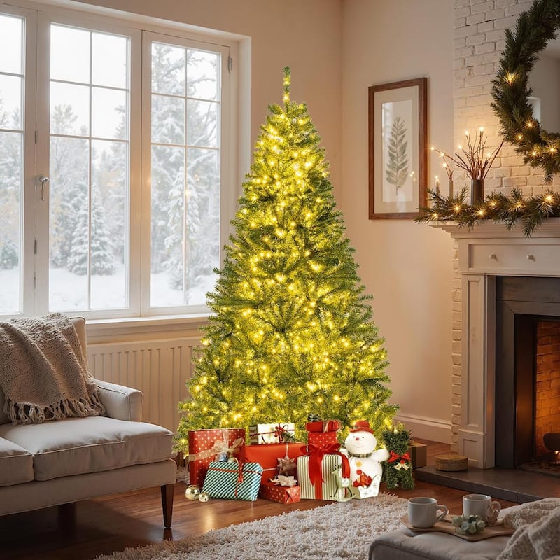 6/7/8 FT Pre-lit Artificial Christmas Tree Hinged Xmas Tree w/ Lights