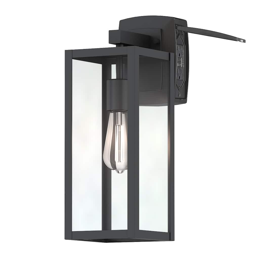 1-Light Matte Black Outdoor Wall Lantern Sconce with GFCI Outlet