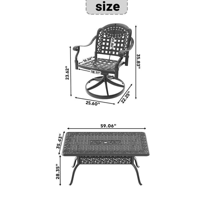 5-Piece Aluminum Rectangular Outdoor Patio Dining Set, 4 Cushioned Swivel Chairs, Table, All-Weather Frames