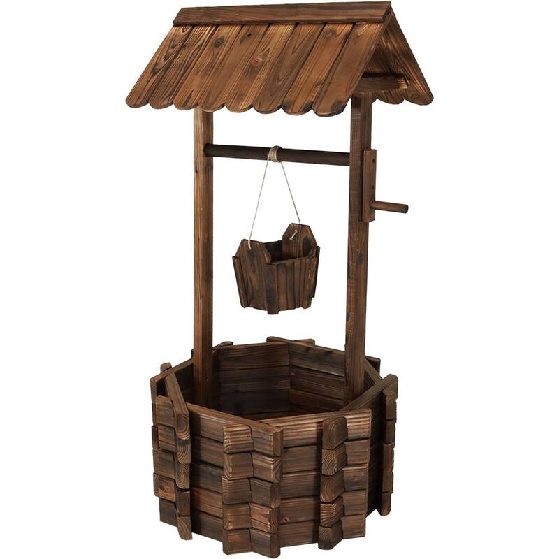 2-Tier Wooden Wishing Well Garden Planter Outdoor Patio Garden - 45"