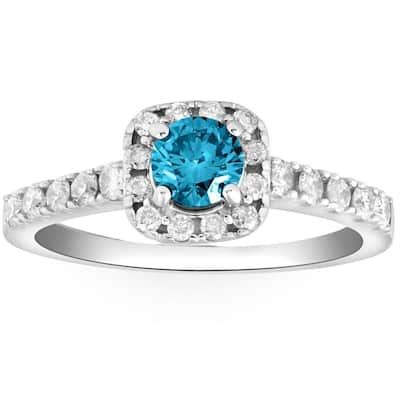 1Ct Blue Diamond Cushion Halo Engagement Ring in White Gold