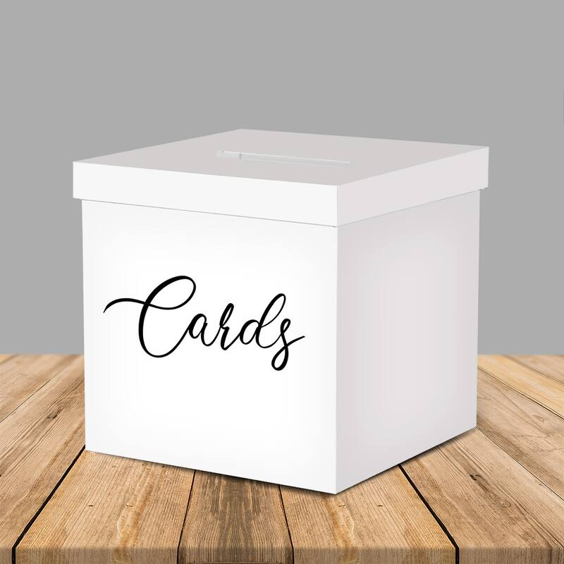 OnDisplay 10" Luxe Acrylic Clear Wedding Card Box w/Lid - Lucite Gift/Money Box - White w/ "Cards" print black