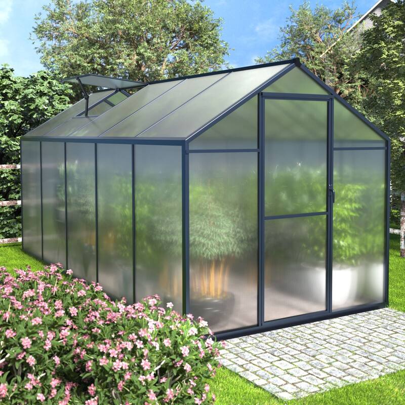 VEIKOUS Aluminum Walk-In Garden Greenhouse Kit with Adjustable Roof Vent and Lockable Door Grey - 6' x 10'