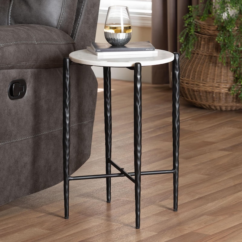 Caledon Marble Side Table - Modern Rustic Accent Table with Hand-Forged Metal Frame for Living Room or Seating Areas, Round