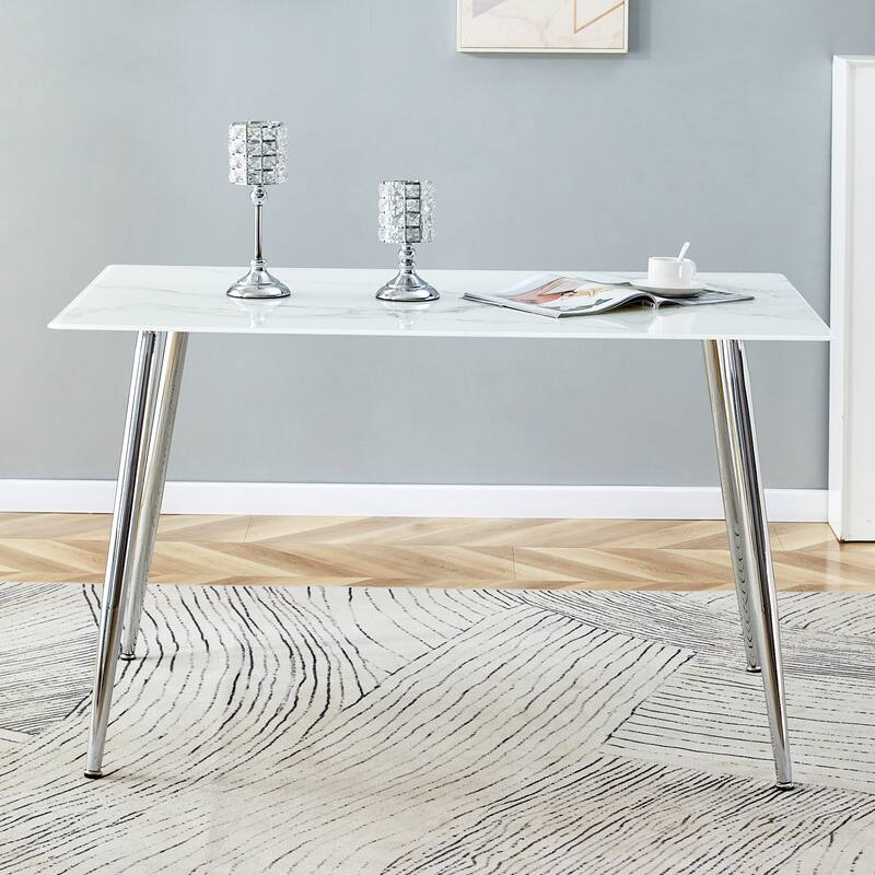 51" Tempered Glass Dining Table, Rectangular Living Room Table with Faux marble Tabletop and Metal Legs and Non-Slip Feet