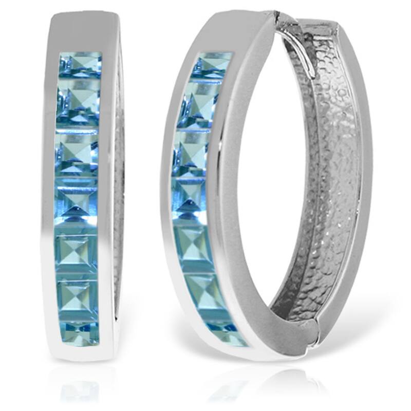 14K Solid Gold Hoop Huggie Gemstone Earrings w/ Natural Blue Topaz - White