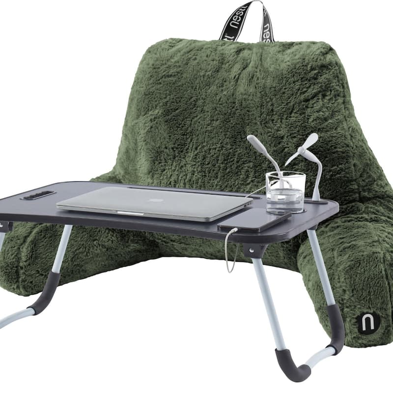 Emperyan Fur Reading Pillow with Laptop Lap Desk - Olive Green - Specialty