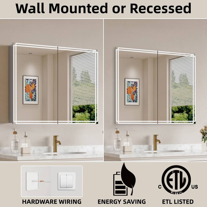 Alita Aluminum LED Medicine Cabinet with Mirror, Dimmable Light, Anti-Fog, Adjustable Shelves, Recessed or Wall Mount