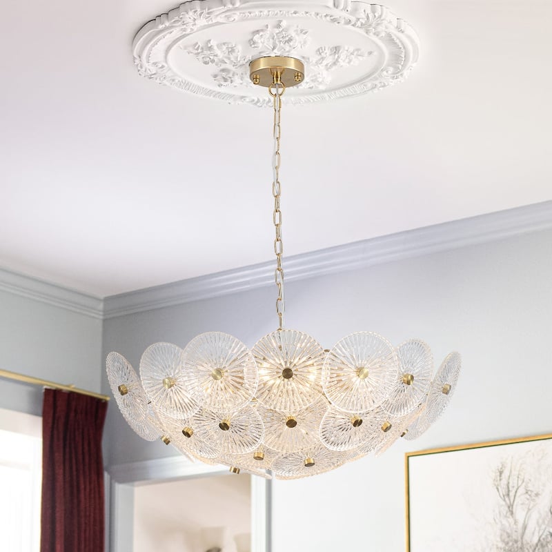 Glam 9-Light Tiered Clear Art Glass Round Basin Chandelier 28in - Brass