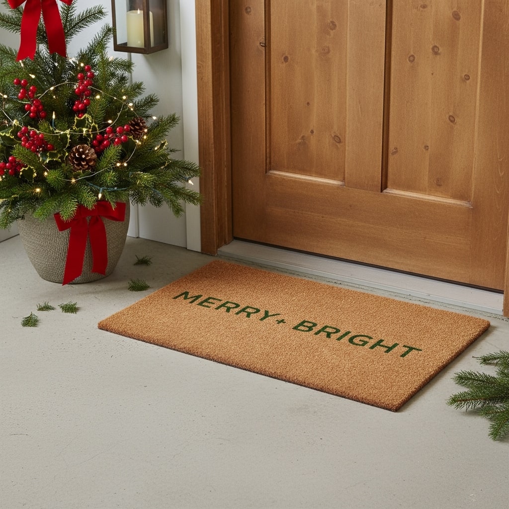 HomeRoots 17" X 29" Brown And Green Christmas Merry and Bright Outdoor Coir Door Mat - 17.00' X '29.00