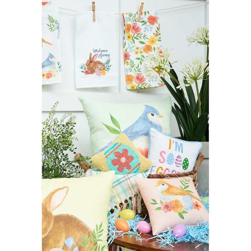 18" x 18" Green Floral Bird Woven Spring Easter Themed Accent Throw Pillow