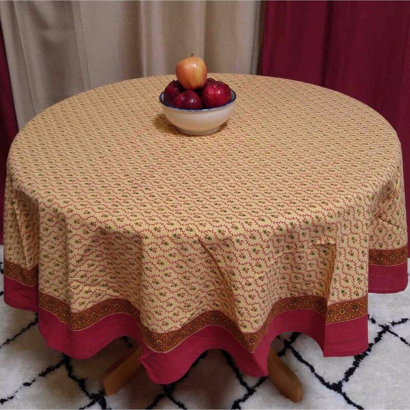 Exquisite Floral Vine Cotton Tablecloth Collection - 88-in Round - Red Gold