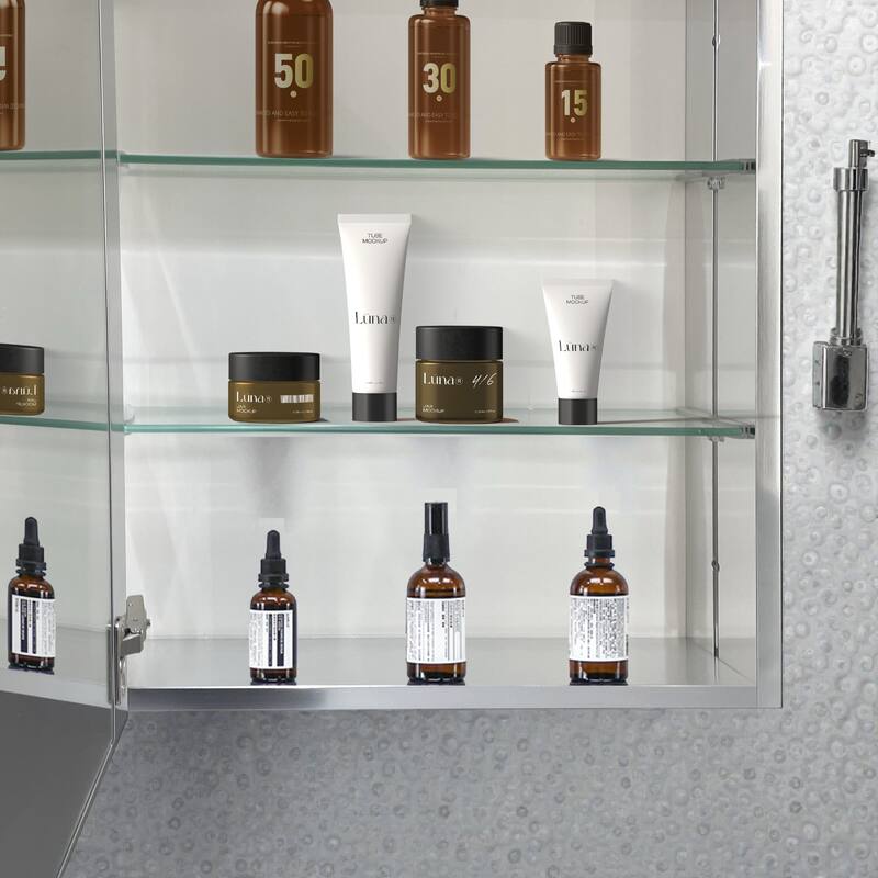 20x26 Inch Aluminum Medicine Cabinet with Mirror, Recessed or Surface Mount, Adjustable Glass Shelves Bathroom