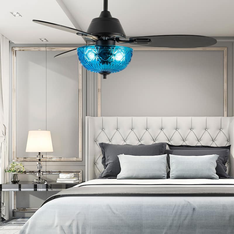 Maisie River of Goods 3-blade 42-inch Modern Indoor Ceiling Fan with Blue Hand-Cut Glass Globe Shade and Remote Control