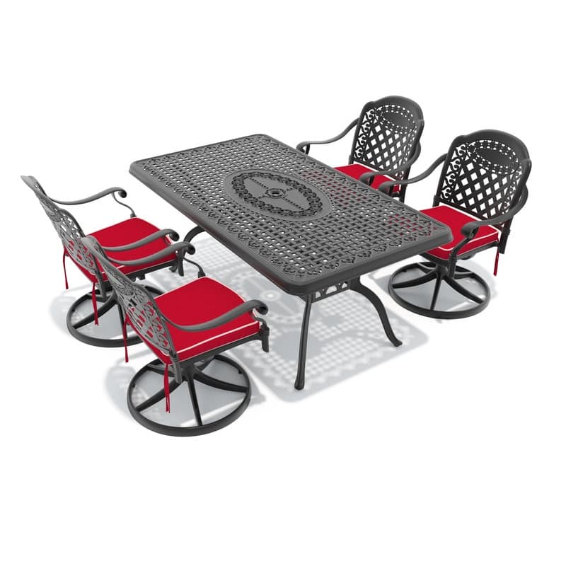 5-Piece Aluminum Rectangular Outdoor Patio Dining Set, 4 Cushioned Swivel Chairs, Table, All-Weather Frames