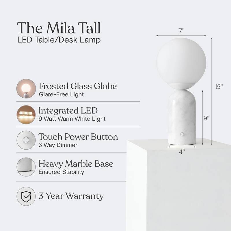 Brightech Mila Tall 15 in. White Mid-Century Modern Integrated LED Bedside Table Lamp with Built-In 3-Way Dimmer (2-Pack)