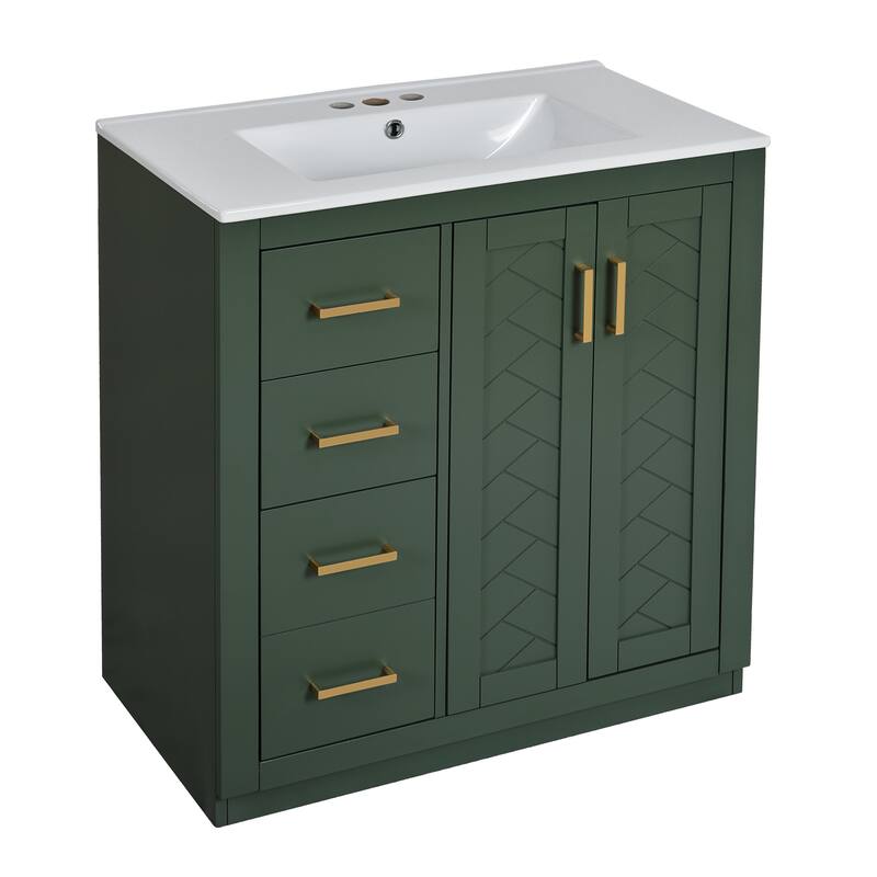 30" Bathroom Vanity with Ceramic Sink - Solid Wood Frame, 3 Drawers & 2 Soft-Close Doors - Modern Freestanding Storage Cabinet