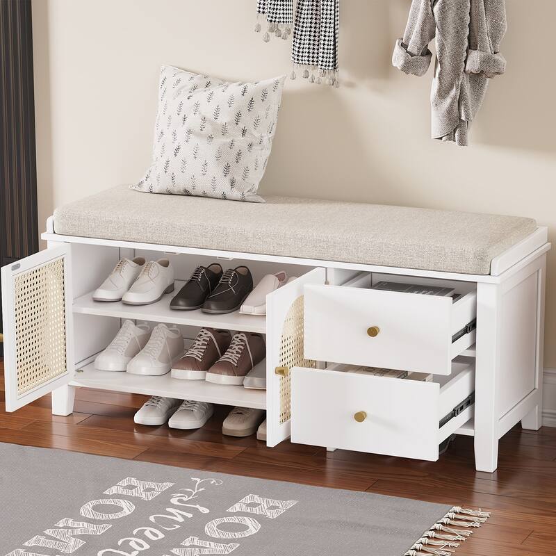 Storage Bench with Cushion,2 Drawers and Rattan Doors for Entryway