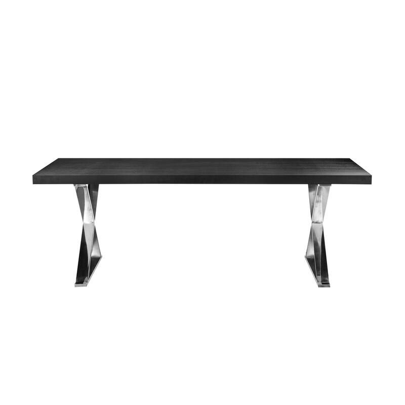 Rix 87 Inch Dining Table, Black Wood Top, X Chrome Finished Steel Legs