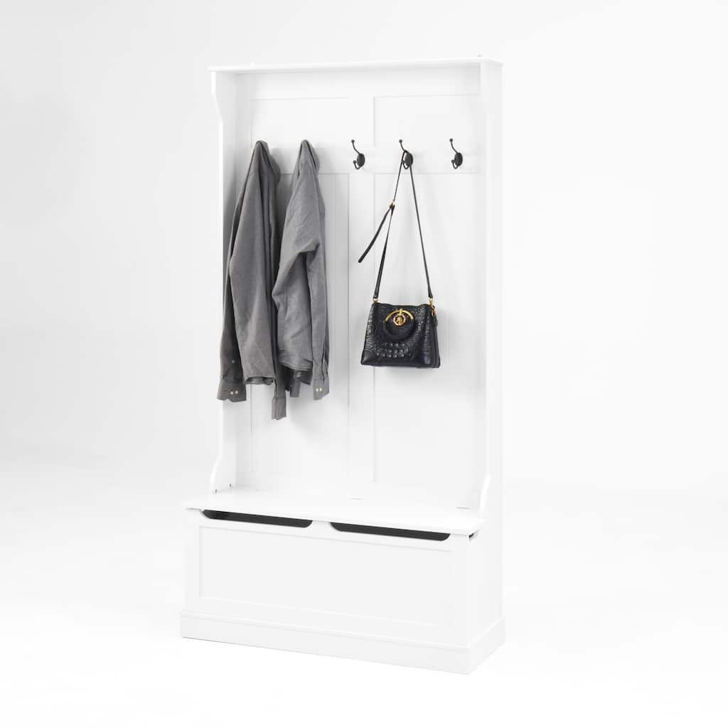 Modern Style Coat Rack with Entryway Bench, Shoe Cabinet, 5 Hooks, Space Saving, for Entryway and Hallway, White