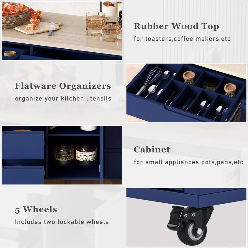 53.15'' Rubber Wood Kitchen Cart with Adjustable Shelf, Rolling Wheels and 8 Handle-Free Drawers - 53.15'' x 18.5'' x 37''