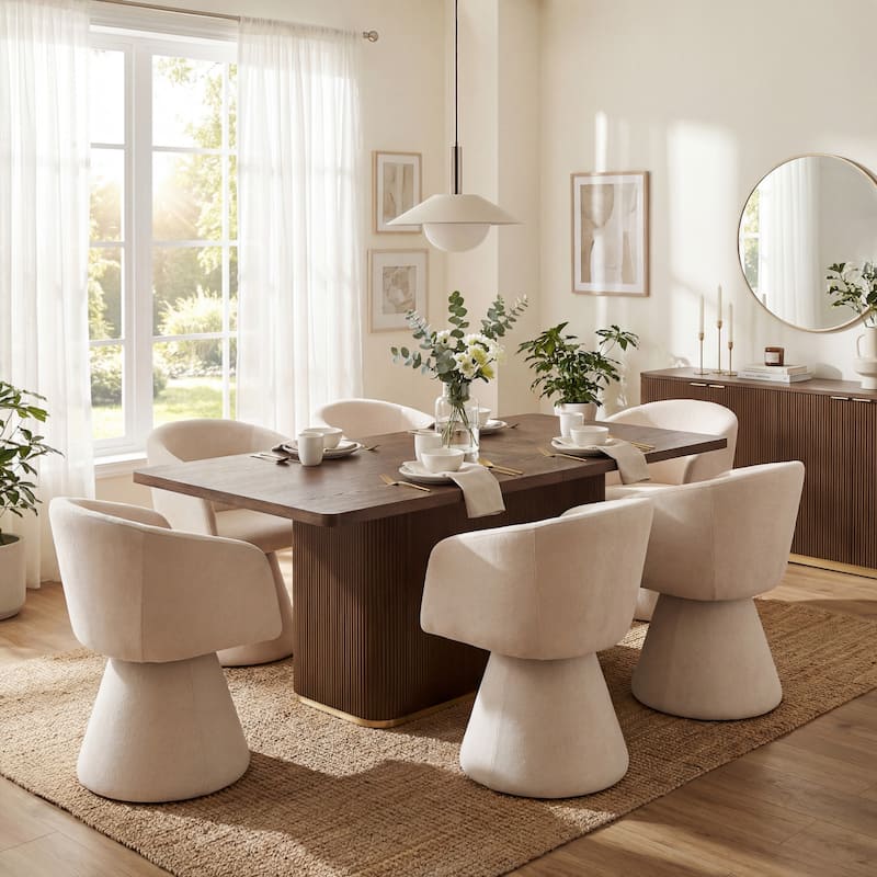 Christopher Knight Home - Melville 7-Piece Upholstered Swivel Dining Set with 84" Rectangular Pillar Base Dining Table - Walnut+Beige