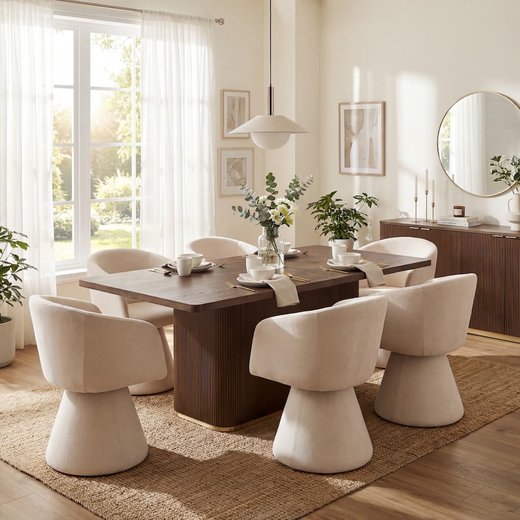 Christopher Knight Home - Melville 7-Piece Upholstered Swivel Dining Set with 84" Rectangular Pillar Base Dining Table