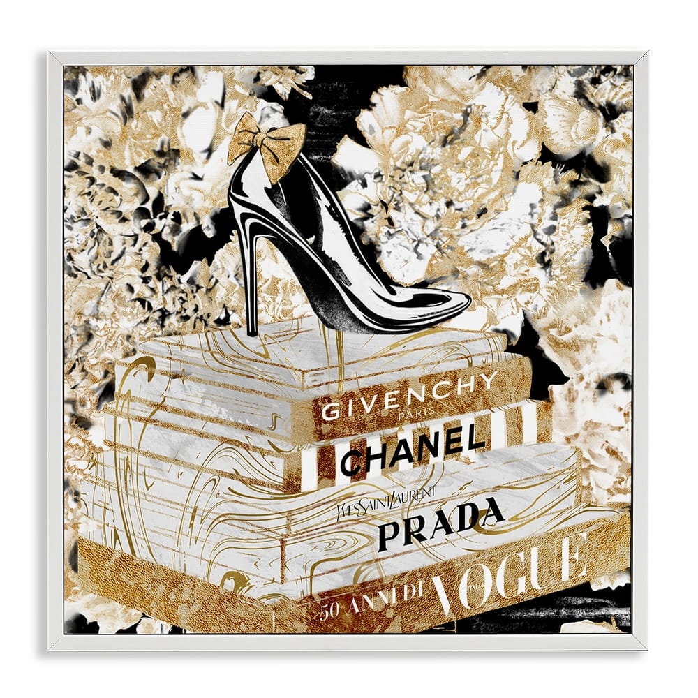 Stupell Fashion Heels and Books Black Gold Designer Details Framed Wall Art,12x12