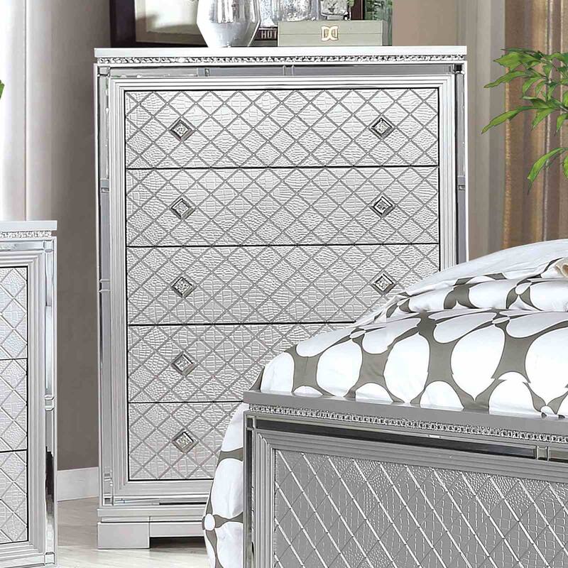 Glam Silver Finish Bedroom Furniture Set with Button-Tufted Bed