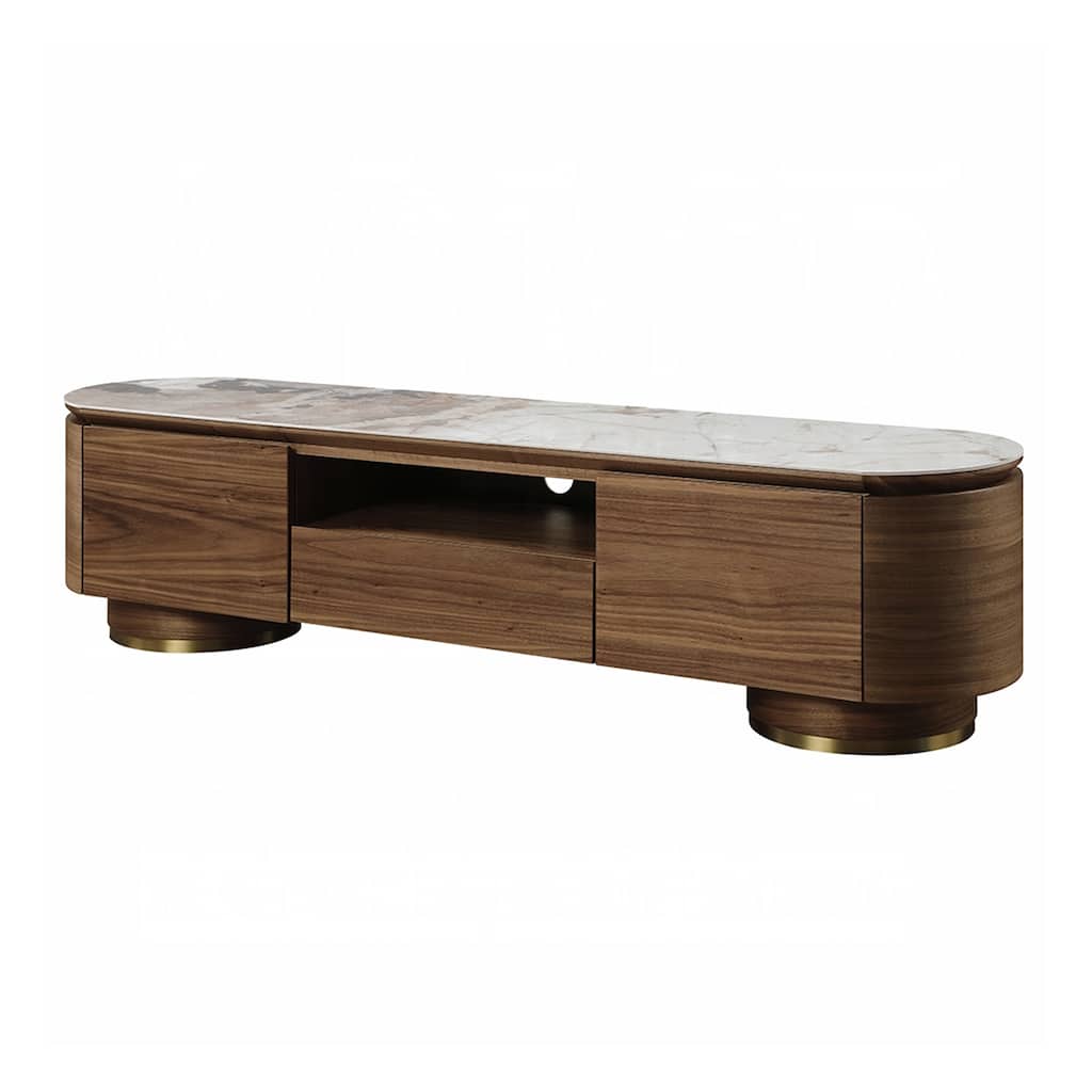 1 Drawer and 2 Doors TV Stand with Ceramic Top in Dark Oak