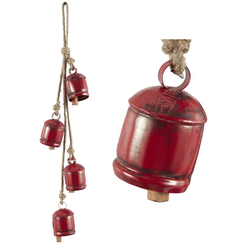 Metal Cluster Decorative Bells with 4 Bells on Jute Hanging Rope - White, Black, Gold, Red - Roche River Decor - Red