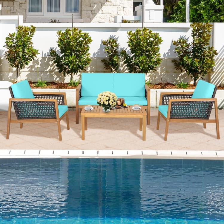 4 Pieces Patio Rattan Furniture Set with Removable Cushions - 30.5" x 48" x 29" (L x W x H)