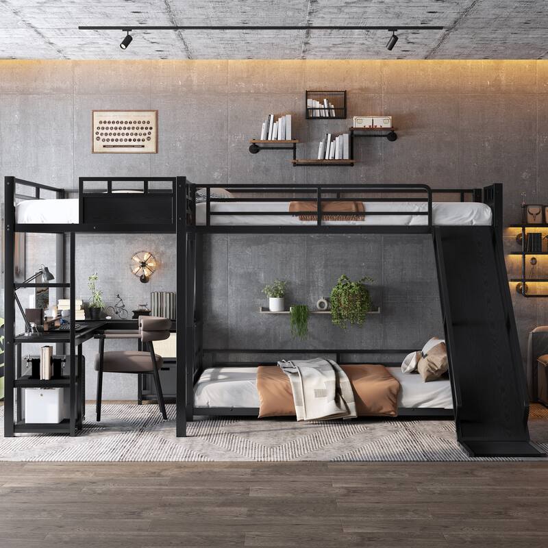 L Shaped Metal Bunk Bed with Loft Bed, Heavy Duty Metal Triple Bunk Bed Frame with Slide, Desk and Storage Shelves, Noise Free - Black - Full