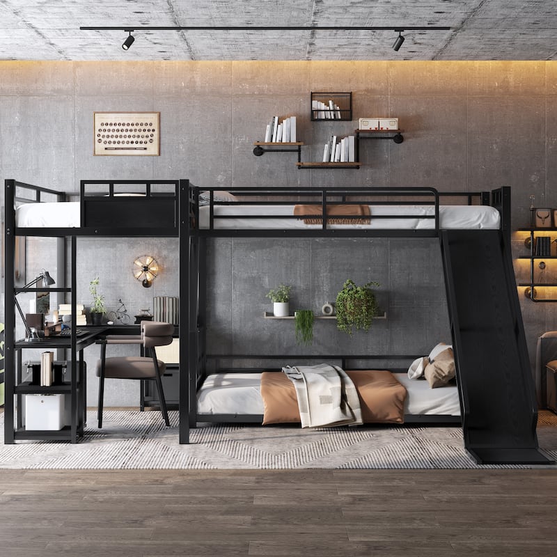 L-shaped Triple Bunk Bed with Loft Bed and Bunk Bed, Metal Storage Bed Frame with Integrated Desk, Open Shelves and Slide - Black - Full