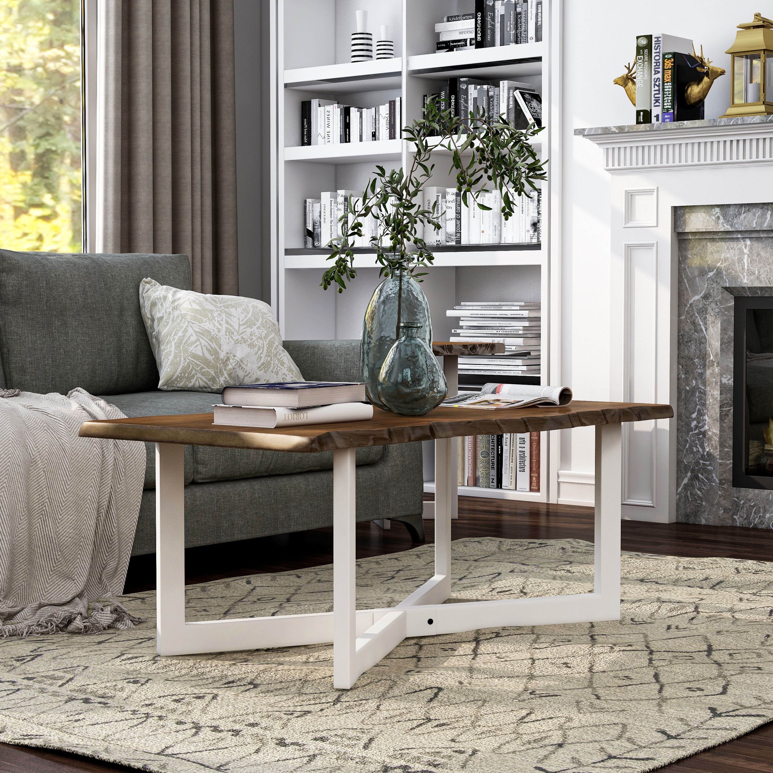 Furniture of America Wallgren Transitional Oak and White 47-inch Metal Coffee Table