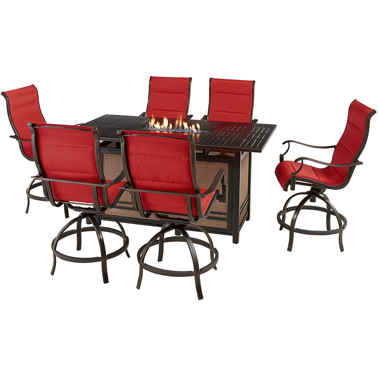 Hanover Traditions 7-Piece High-Dining Set in Red with6 Padded Counter-Height Swivel Chairs and a 30,000 BTU Fire Pit Dining Table