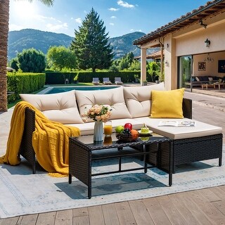 Homall Outdoor Rattan Sofa Patio L-Shaped Lounge Chair with Table Black ...