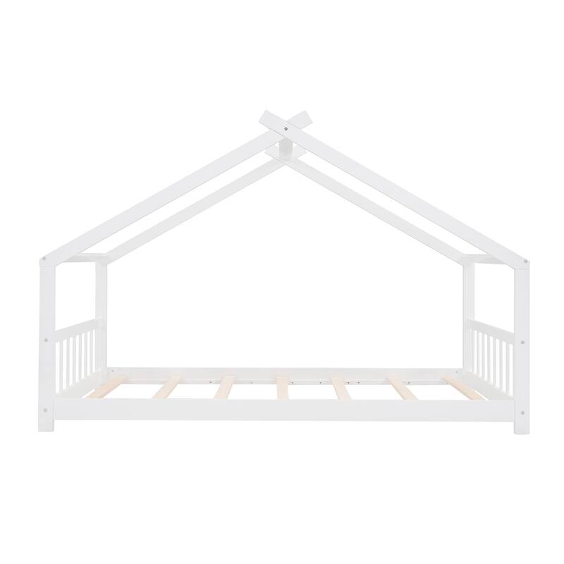 Twin Size House Bed with Roof, Wood Frame, and Play Space