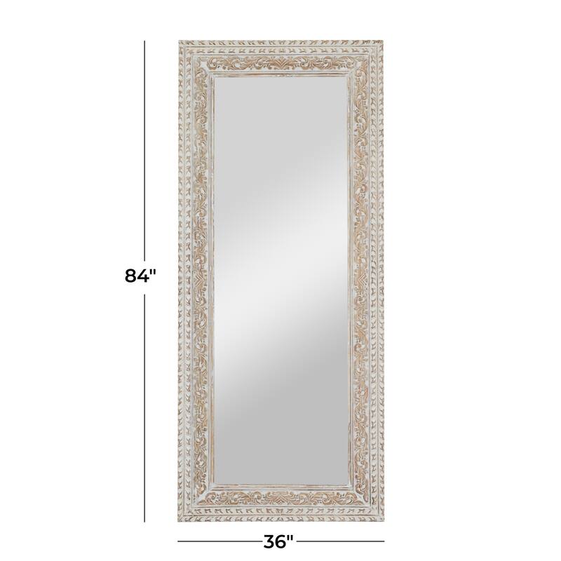 Mango Wood Floral Intricately Carved Wall Mirror - White - Roche River Decor - 2"W x 36"L x 84"H