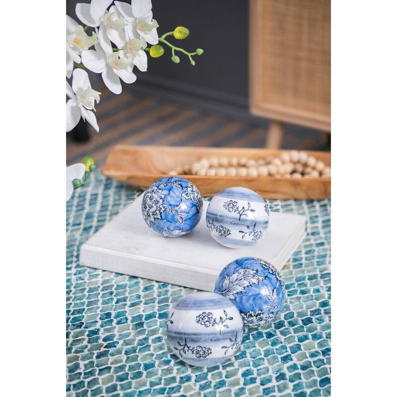 Floral Porcelain Orbs - 4" - Blue and White - Set of 4
