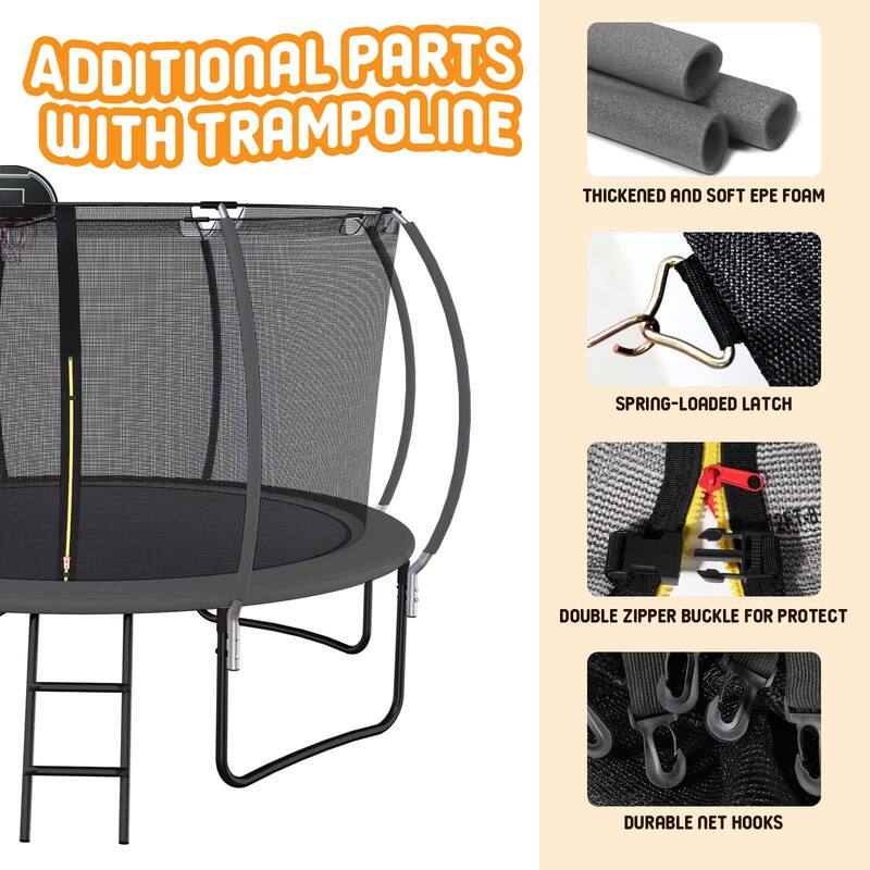 12 Ft Trampoline Pumpkin-style Safety Net With Basketball Hoop, High Tensile and Durable, Difficultly Bent Steel Frame