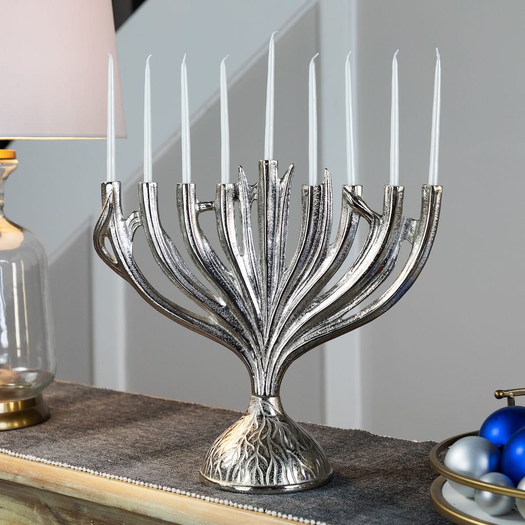 Textured Tree Branch Textured Metal Hanukkah Menorah - 15.5" - Nickle Silver