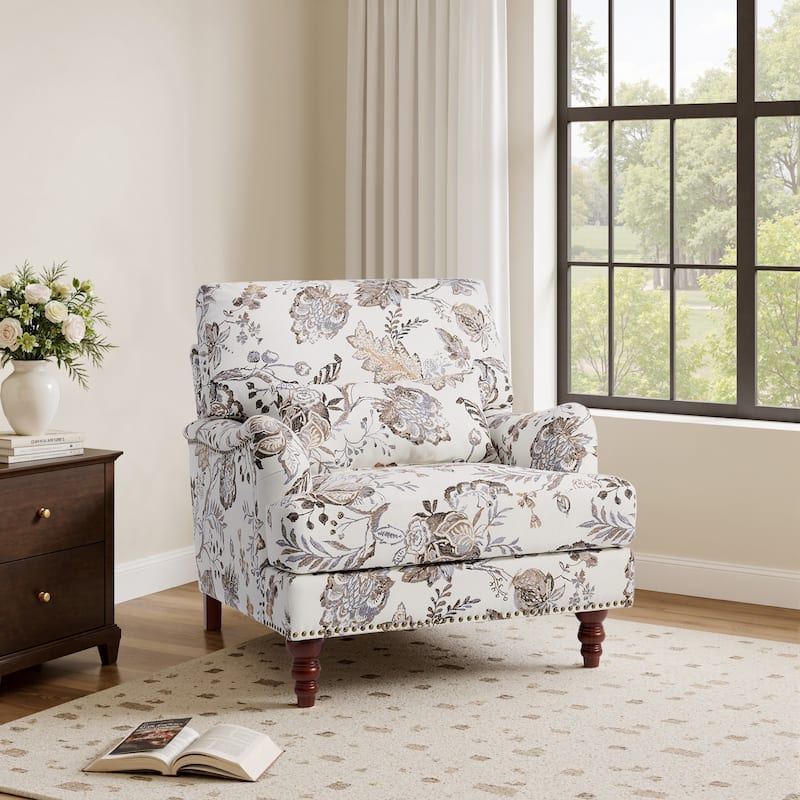Mid Century Chenille Upholstered Accent Chair with Nailhead Trim - Plants Beige-Linen - Linen