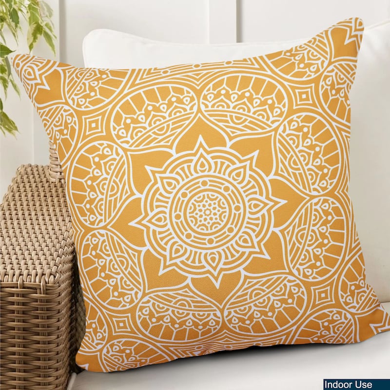 Indoor Outdoor Waterproof Throw Pillows - Set of 2, 18''x18'' with Inserts for Your Patio Furniture, Chairs, Indoor Décor - Mustard Mandala