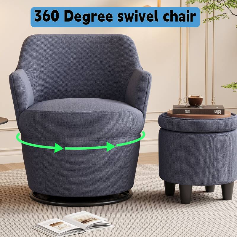 Swivel Accent Chair with Storage Ottoman, Modern Lounge Sofa Chair Barrel Chair Arm Chair with Nail Trim