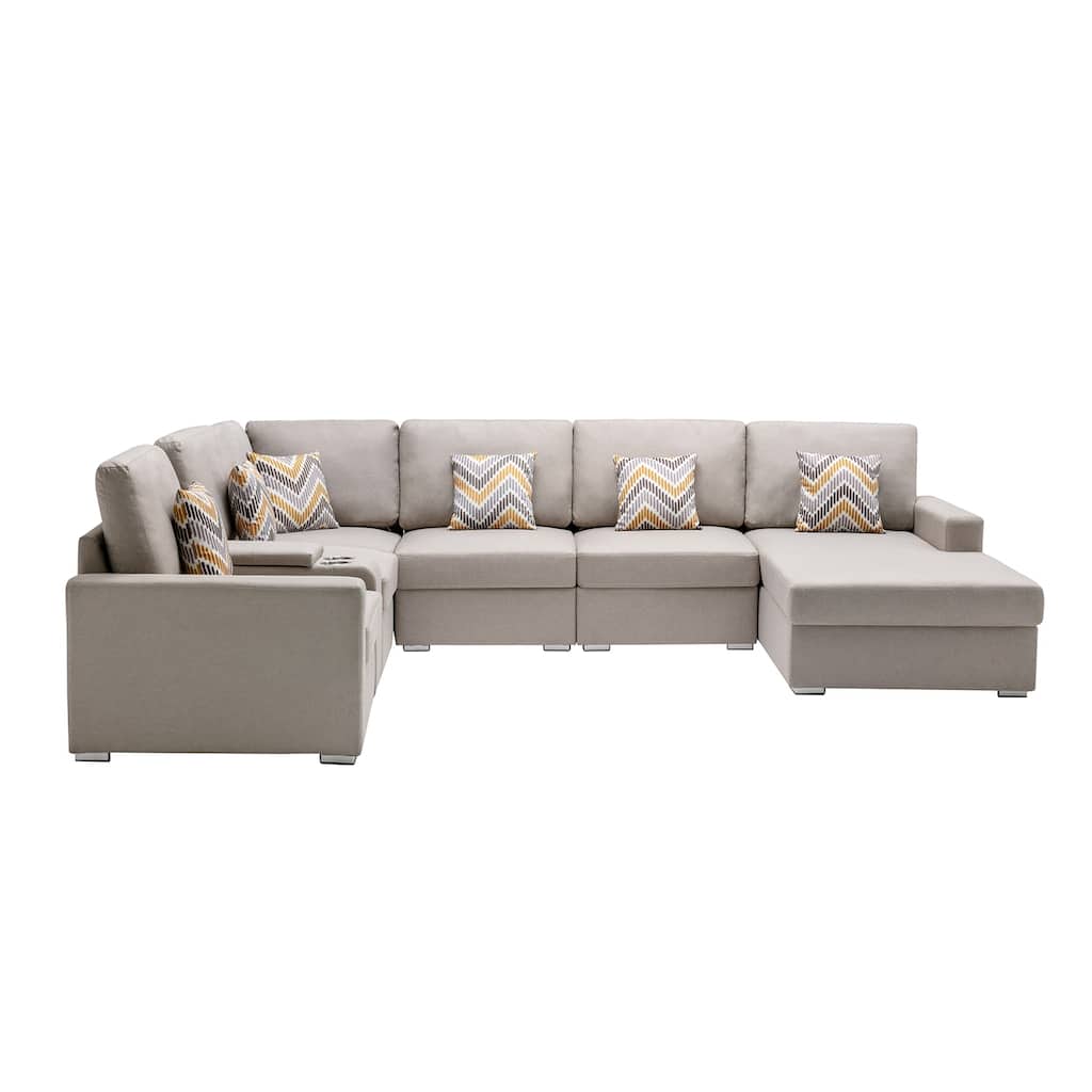 Linen Fabric 7 Piece U-Shaped Reversible Chaise Sectional Sofa with Storage Console Table and 6 Pillows